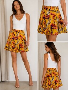 A.L.C. Silk Floral Smocked Mini Skirt Yellow Pink Size 6